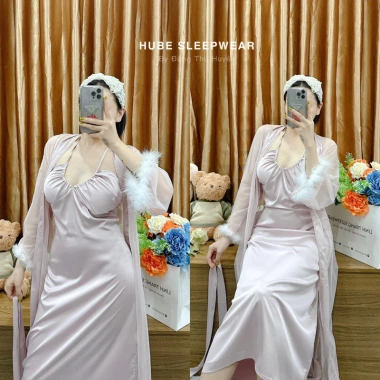 Váy ngủ cao cấp áo choàng lụa voan tay lông rút ngực dài QC Loại 1 Xíu Sleepwear 495k 5