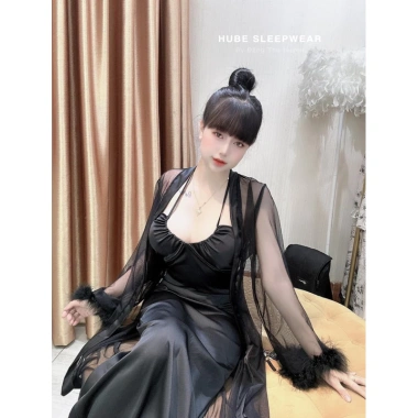 Váy ngủ cao cấp áo choàng lụa voan tay lông rút ngực dài QC Loại 1 Xíu Sleepwear 495k 6