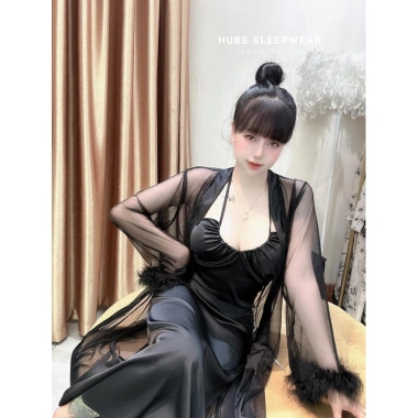 Váy ngủ cao cấp áo choàng lụa voan tay lông rút ngực dài QC Loại 1 Xíu Sleepwear 495k 7