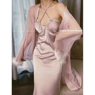 Váy ngủ cao cấp áo choàng lụa voan tay lông rút ngực dài QC Loại 1 Xíu Sleepwear 495k 10