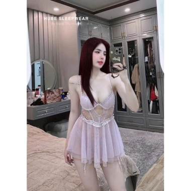 Váy ngủ cao cấp kèm áo choàng lụa voan ren cup ngực tim nhí - Giảm giá 435k 9
