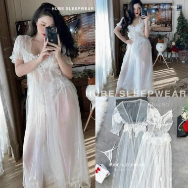Váy ngủ cao cấp kèm chip, áo choàng voan tơ mỏng xuyên thấu dài béo eo sexy - 355k