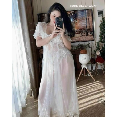 Váy ngủ cao cấp kèm chip, áo choàng voan tơ mỏng xuyên thấu dài béo eo sexy - 355k