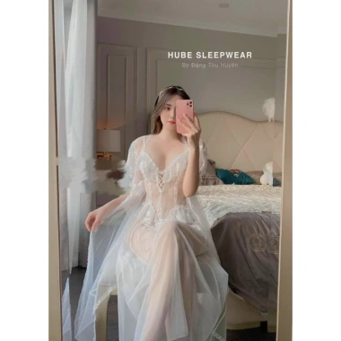 Váy ngủ cao cấp kèm chip, áo choàng voan tơ mỏng xuyên thấu dài béo eo sexy - 355k