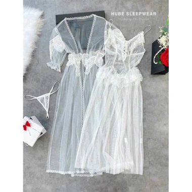 Váy ngủ cao cấp kèm chip, áo choàng voan tơ mỏng xuyên thấu dài béo eo sexy - 355k