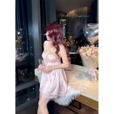Váy Ngủ Lụa Dây Cánh Tiên Viền Ren Bo Ngực Mút Tiểu Thư Cao Cấp Hube Sleepwear