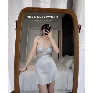 Váy Ngủ Lụa Ren Cao Cấp Cổ V Đệm Ngọc Dây Cánh Tiên 2 Màu - Xíu Sleepwear 4