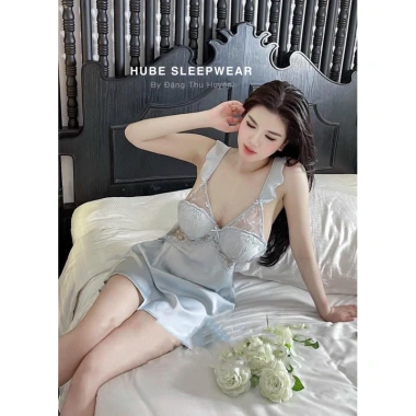 Váy Ngủ Lụa Ren Cao Cấp Cổ V Đệm Ngọc Dây Cánh Tiên 2 Màu - Xíu Sleepwear 5