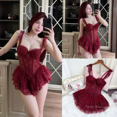 Váy Ngủ Voan Lụa Tầng Ren Eo Dây Cánh Tiên Dáng Xoè Mút Ngực Cao Cấp Hube 345k
