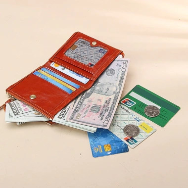 Ví da nữ chính hãng sáp da gấp, dây kéo, đựng thẻ, ví tiền - Giá 386.640₫