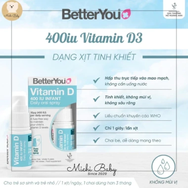 Vitamin D3K2 Xịt BetterYou Dlux D 400IU 15ml cho Bé Dưới 3 Tuổi - Giá 360k