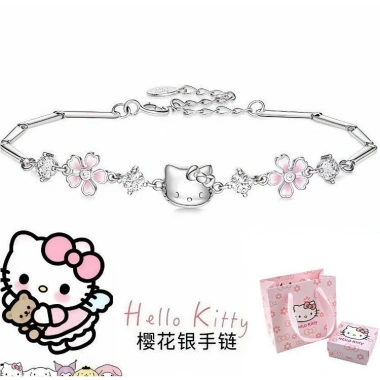 Vòng tay bạc Hello Kitty & Hoa Anh Đào - Quà tặng nữ sang trọng, có hộp, giá ưu đãi 233k