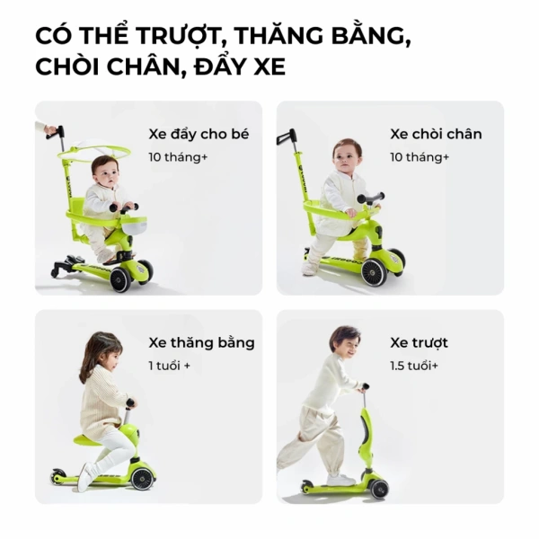 Hình ảnh sản phẩm Xe chòi chân scooter cao cấp cho bé Cooghi Velo Kids có mái che, cần đẩy, bánh LED phát sáng