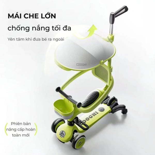 Hình ảnh sản phẩm Xe chòi chân scooter cao cấp cho bé Cooghi Velo Kids có mái che, cần đẩy, bánh LED phát sáng