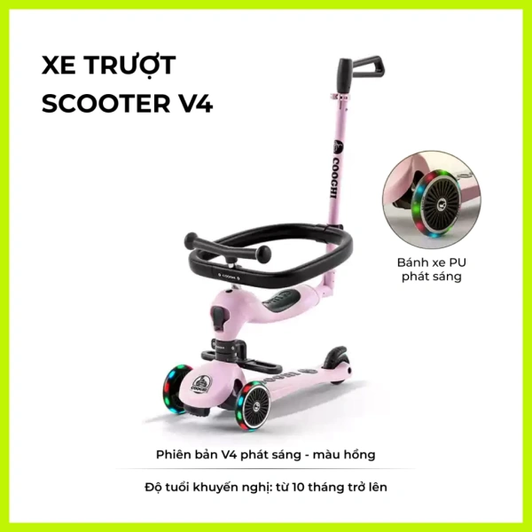 Hình ảnh sản phẩm Xe chòi chân scooter cao cấp cho bé Cooghi Velo Kids có mái che, cần đẩy, bánh LED phát sáng