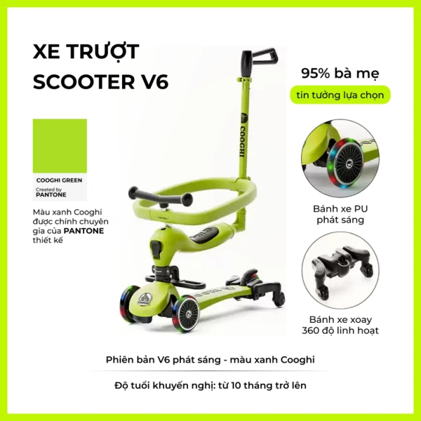 Hình ảnh sản phẩm Xe chòi chân scooter cao cấp cho bé Cooghi Velo Kids có mái che, cần đẩy, bánh LED phát sáng