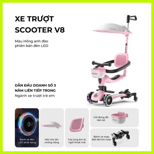 Hình ảnh sản phẩm Xe chòi chân scooter cao cấp cho bé Cooghi Velo Kids có mái che, cần đẩy, bánh LED phát sáng