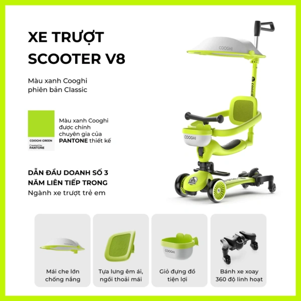 Hình ảnh sản phẩm Xe chòi chân scooter cao cấp cho bé Cooghi Velo Kids có mái che, cần đẩy, bánh LED phát sáng
