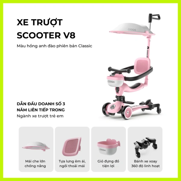 Hình ảnh sản phẩm Xe chòi chân scooter cao cấp cho bé Cooghi Velo Kids có mái che, cần đẩy, bánh LED phát sáng