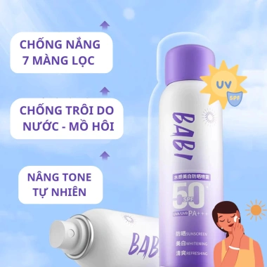 Xịt chống nắng BABI SPF50 PA++++ Kiểm soát dầu, tăng tông màu da mặt & cơ thể 100ml