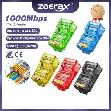 ZoeRax 100 miếng CAT6 RJ45 đầu nối 5 màu mạ vàng 50µm, lỗ 1.1mm – Ethernet, giá 132.000₫