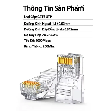 ZoeRax Đầu nối RJ45 CAT6 8P8C mạ vàng – Phích cắm mô-đun, đầu uốn cáp rắn, giảm còn 3.740₫