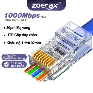 ZoeRax Đầu nối RJ45 CAT6a CAT6 CAT5e Mạ Vàng 1.1-1.2mm 30m - Bộ 50-100 chiếc Giá ưu đãi 87.999₫