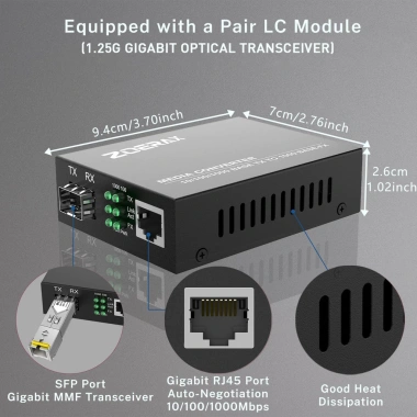 ZoeRax Gigabit SFP SC Đa chế độ 1,25G - Bộ chuyển đổi sợi quang sang RJ45 Ethernet