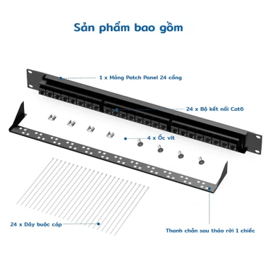ZoeRax Patch Panel 1U 24 Cổng Cat6 Cat5E RJ45 UTP 19 Inch Tháo Rời 340.999 VND