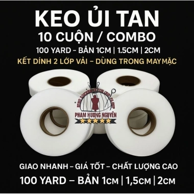 10 cuộn 100 yard Keo tan ủi vải, mếch mex 1-2cm, kết dính 2 lớp - Giá 63.500đ