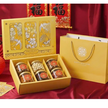 10 Hộp Quà Tết Kim Xuân Cao Cấp - Màu Vàng - Hạt, Mứt, Bánh Kẹo, Hũ PET 205k
