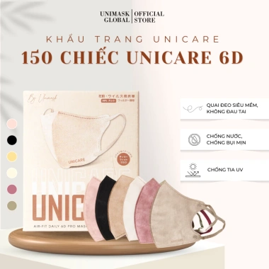 150 chiếc Khẩu trang 6D UNICARE 3 lớp kháng khuẩn, chống bụi, mịn không thấm nước