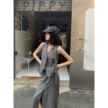 2.025 Tính Khí Retro Bộ Đồ Không Tay Nữ Màu Xám - Áo Vest và Chia Váy Cao Cấp Hai Mảnh Cho Mùa Hè