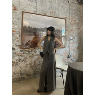 2.025 Tính Khí Retro Bộ Đồ Không Tay Nữ Màu Xám - Áo Vest và Chia Váy Cao Cấp Hai Mảnh Cho Mùa Hè