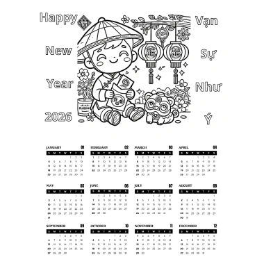 30+ mẫu lịch Tết 2.026 giấy dày 200g khổ A3‑A4, tô màu sáng tạo cho bé, giá 19.000₫ 4
