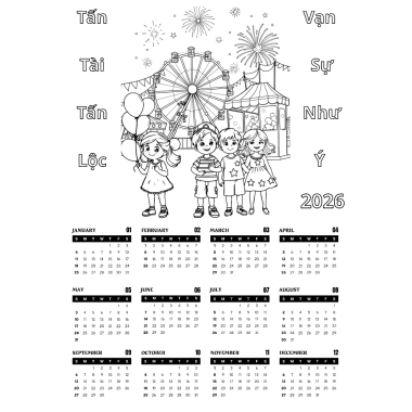 30+ mẫu lịch Tết 2.026 giấy dày 200g khổ A3‑A4, tô màu sáng tạo cho bé, giá 19.000₫ 7