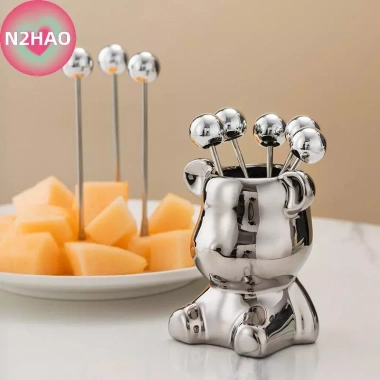6 Cái Nĩa Tráng Miệng Thép Không Gỉ N2HAO + Lọ Bảo Quản Gấu Dễ Thương - Lý Tưởng cho Tiệc Salad 6 Cái Nĩa Tráng Miệng Thép Không Gỉ N2HAO + Lọ Bảo Quản Gấu Dễ Thương - Lý Tưởng cho Tiệc Salad