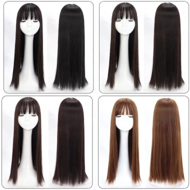 60cm Tóc giả nữ nâu đen thẳng tổng hợp có nổ – full head cover, mở rộng, giao hàng tận nơi