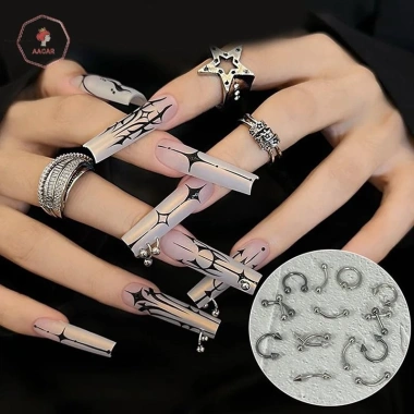 AACAR 30 Cái 6 Hộp Lưới Móng Tay Punk Charm Kim Loại Đen Trắng 3D Thoáng Mát