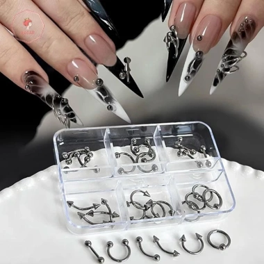 AACAR 30 Cái 6 Hộp Lưới Móng Tay Punk Charm Kim Loại Đen Trắng 3D Thoáng Mát