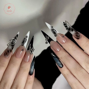 AACAR 30 Cái 6 Hộp Lưới Móng Tay Punk Charm Kim Loại Đen Trắng 3D Thoáng Mát 3 AACAR 30 Cái 6 Hộp Lưới Móng Tay Punk Charm Kim Loại Đen Trắng 3D Thoáng Mát 3
