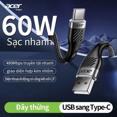Acer Cáp USB A sang USB C 20W truyền dữ liệu 480Mbps dây bện nylon sạc nhanh tương thích iPhone15/16/17, laptop, iPad, Samsung S24, điện thoại, máy tính, ô tô 100k
