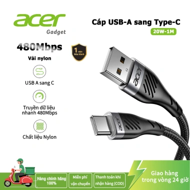 Acer Cáp USB A sang USB C 20W truyền dữ liệu 480Mbps dây bện nylon sạc nhanh tương thích iPhone15/16/17, laptop, iPad, Samsung S24, điện thoại, máy tính, ô tô 100k