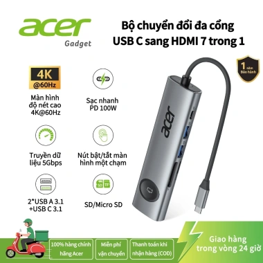 Acer USB C HUB 7 trong 1 4K 60Hz 100W PD 5Gbps 2 USB A 3.1 SD Card Reader iPhone 17/16/15 MacBook Pro iPad - 249.000 VND