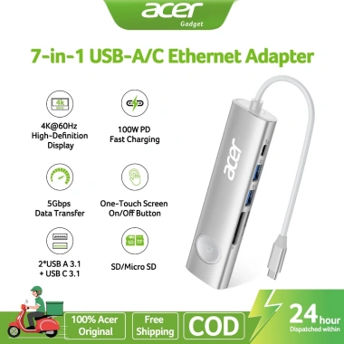 Acer USB C HUB 7 trong 1 4K 60Hz 100W PD 5Gbps 2 USB A 3.1 SD Card Reader iPhone 17/16/15 MacBook Pro iPad - 249.000 VND