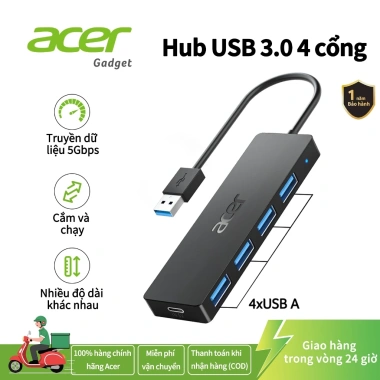 Acer USB Hub 4 cổng USB 3.0 Type C đa năng, mở rộng chuột bàn phím laptop - 240.000₫