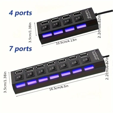 Adapter Hub USB 2.0 7 Cổng 4 Cổng LED Bật Nguồn cho PC Laptop - Giá 47.300 VND