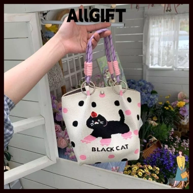 AllGIFT Túi xô dệt kim hình vuông mèo hoạt hình, đeo cổ tay đựng lớn thời trang nữ