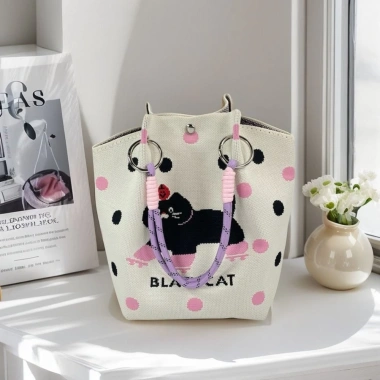 AllGIFT Túi xô dệt kim hình vuông mèo hoạt hình, đeo cổ tay đựng lớn thời trang nữ 9 AllGIFT Túi xô dệt kim hình vuông mèo hoạt hình, đeo cổ tay đựng lớn thời trang nữ 9