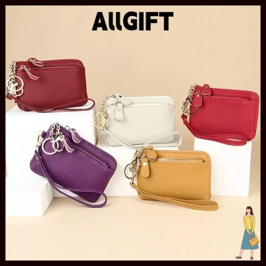 AllGIFT Ví Nữ Da Bò Nhỏ, Nhiều Khe Cắm Thẻ, Dây Kéo Màu Trơn, Móc Khóa - 150.444₫